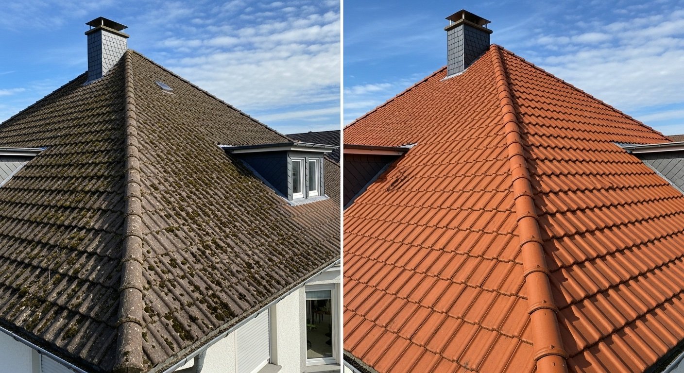 Vorher-Nachher Vergleich: Dachreinigung Einfamilienhaus mit Moos und sauberen Tonziegeln